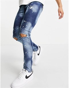 Зауженные джинсы винтажного синего цвета с рваными коленями и брызгами краски Good for nothing