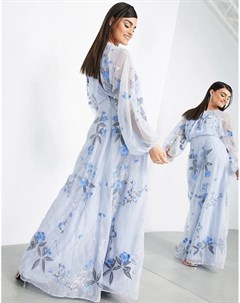 Бледно голубое сетчатое платье макси с вышивкой цветов и листьев Asos edition