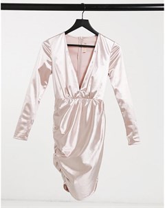 Светло бежевое атласное платье мини с глубоким вырезом спереди и юбкой с запахом Club L Club l london