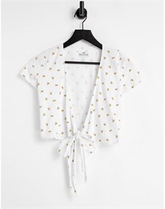 Белая футболка с цветочным принтом запахом и завязками спереди Hollister