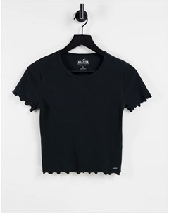Черная футболка укороченного кроя с волнистыми краями Hollister