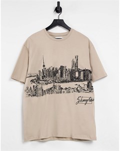 Бежевая футболка с принтом в виде наброска города Topman