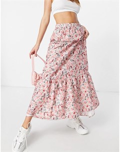 Розовая юбка макси с оборкой по подолу и цветочным принтом In the style
