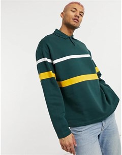 Темно зеленый oversized свитшот в стиле регби с желтой и белой полосками Asos design