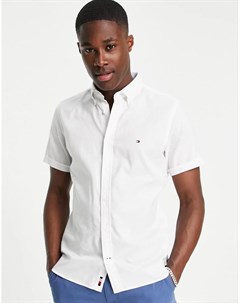Оксфордская приталенная рубашка белого цвета с короткими рукавами и логотипом Tommy hilfiger