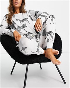 Пижамный комплект из лонгслива и брюк кремового цвета с принтом с зебрами черного цвета Chelsea peers