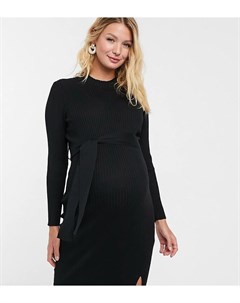 Черное платье миди в рубчик с поясом New look maternity