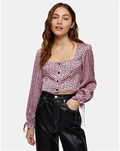 Розовая атласная блузка с принтом сердец Topshop