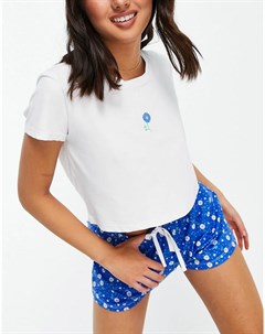 Пижамный комплект из футболки и шортов синего кобальтового цвета с цветочным принтом Loungeable