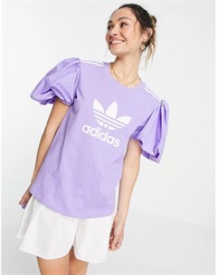Светло фиолетовая футболка с объемными рукавами логотипом и тремя полосками x Dry Clean Only Adidas originals