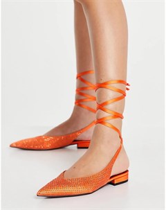 Оранжевые атласные балетки с острым носком и завязкой на ноге Lucent Asos design