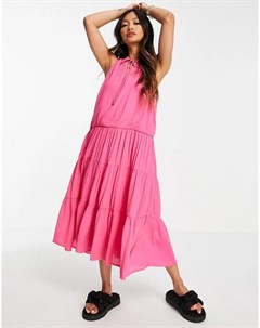 Розовое платье миди без рукавов с завязкой на воротнике и ярусной юбкой Y.a.s