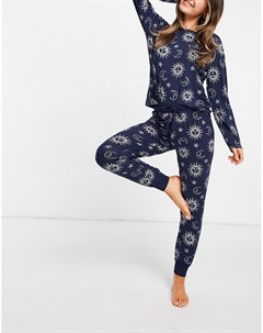 Пижамный комплект темно синего цвета из лонгслива и брюк со звездным принтом Chelsea peers