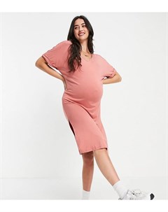 Розовое платье футболка миди с V образным вырезом Pieces maternity