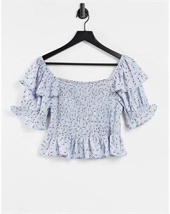 Голубая присборенная блузка с квадратным вырезом и мелким цветочным принтом Influence