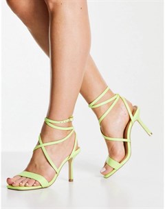 Босоножки на каблуке зеленого лаймового цвета с ремешками с застежкой вокруг щиколотки New look