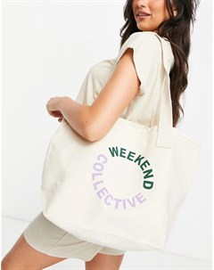 Парусиновая сумка тоут бежевого цвета с принтом ASOS Weekend Collective Asos design