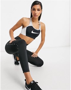 Черно серый спортивный бюстгальтер со средней степенью поддержки и логотипом галочкой Nike
