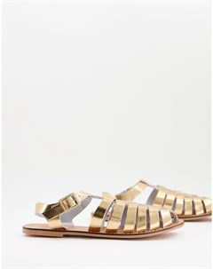 Кожаные плетеные туфли золотистого цвета с эффектом металлик на плоской подошве Marina Asos design