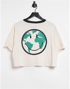 Укороченная футболка цвета экрю с принтом смайлика Cotton:on