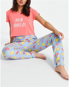 Пижамный комплект из футболки с надписью Main Squeeze и леггинсов с принтом фруктов Loungeable
