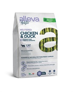 Holistic Neutered Сухой корм для стерилизованных кошек с курицей и уткой и женьшенем 1 5 кг Alleva
