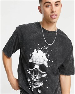 Серая выбеленная футболка в стиле oversized с принтом черепа на спине Originals Jack & jones