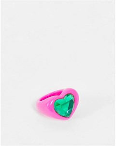 Ярко розовое пластиковое кольцо в форме сердечка с изумрудно зеленым камнем Asos design