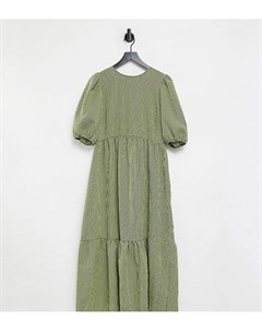 Зеленое ярусное платье миди в клетку с присборенной юбкой и завязкой New look tall