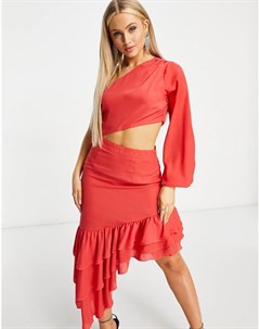 Красное платье с асимметричным подолом с оборками In the style