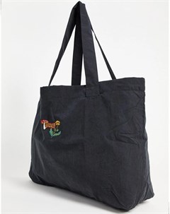 Черная сумка тоут в стиле oversized из мягкого хлопка с вышитым грибом Asos design