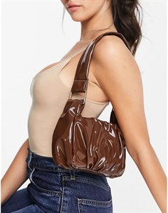 Коричневая лакированная сумка на плечо со сборками и ремешком с металлическими элементами в стиле 70 Asos design