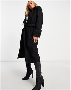 Черное пальто из искусственного меха с поясом Unique21