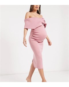 Бледно розовое облегающее платье миди с запахом на лифе и открытыми плечами True violet maternity