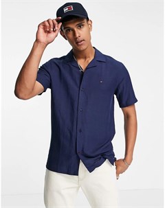 Темно синяя рубашка из ткани с добавлением вискозы и льна с короткими рукавами отложным воротником и Tommy hilfiger