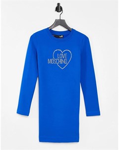 Синее платье с логотипом из стразов Love moschino