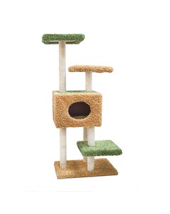 Когтеточка для кошек с домиком и тремя площадками 61х46х118см бежево зеленая ковролиновая Foxie