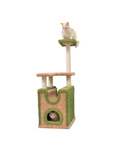 Когтеточка для кошек Комплекс с домиком и двумя площадками 51х42х122см бежево зеленый ковролиновый Foxie