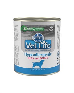 Корм для собак Vet Life Hypoallergenic при аллергиях утка с картофелем паштет банка 300г Farmina