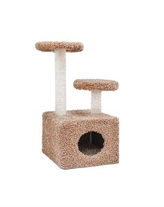 Когтеточка для кошек Домик с двумя площадками 37х58х76см бежевый ковролиновый Foxie