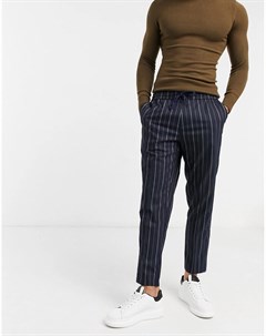 Темно синие строгие брюки в тонкую полоску с эластичным поясом New look