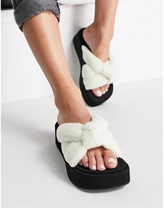 Кремовые сандалии на плоской подошве с ремешками из мягкого искусственного меха Tally Asos design