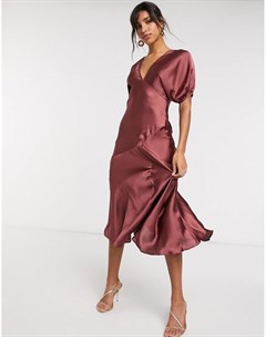 Атласное чайное платье с пышными рукавами Asos design
