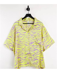 Эксклюзивная атласная рубашка с зебровым принтом желто фиолетового цвета от комплекта Plus Collusion