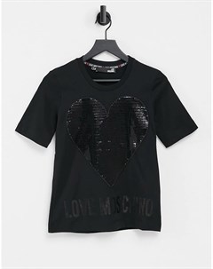 Черная футболка с логотипом и сердцем из пайеток Love moschino