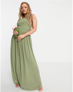 Плиссированное платье макси приглушенного зеленого цвета с высоким воротом Bridesmaid Tfnc