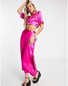 Розовая атласная юбка миди с разрезом Topshop