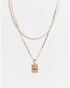 Золотистое ярусное ожерелье с подвеской ярлычком с вишенками Asos design