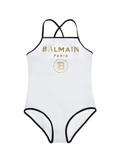 Белый купальник с золотым логотипом Balmain