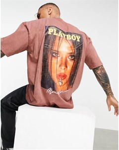 Oversized футболка коричневого цвета с фотопринтом на спине x Playboy Mennace